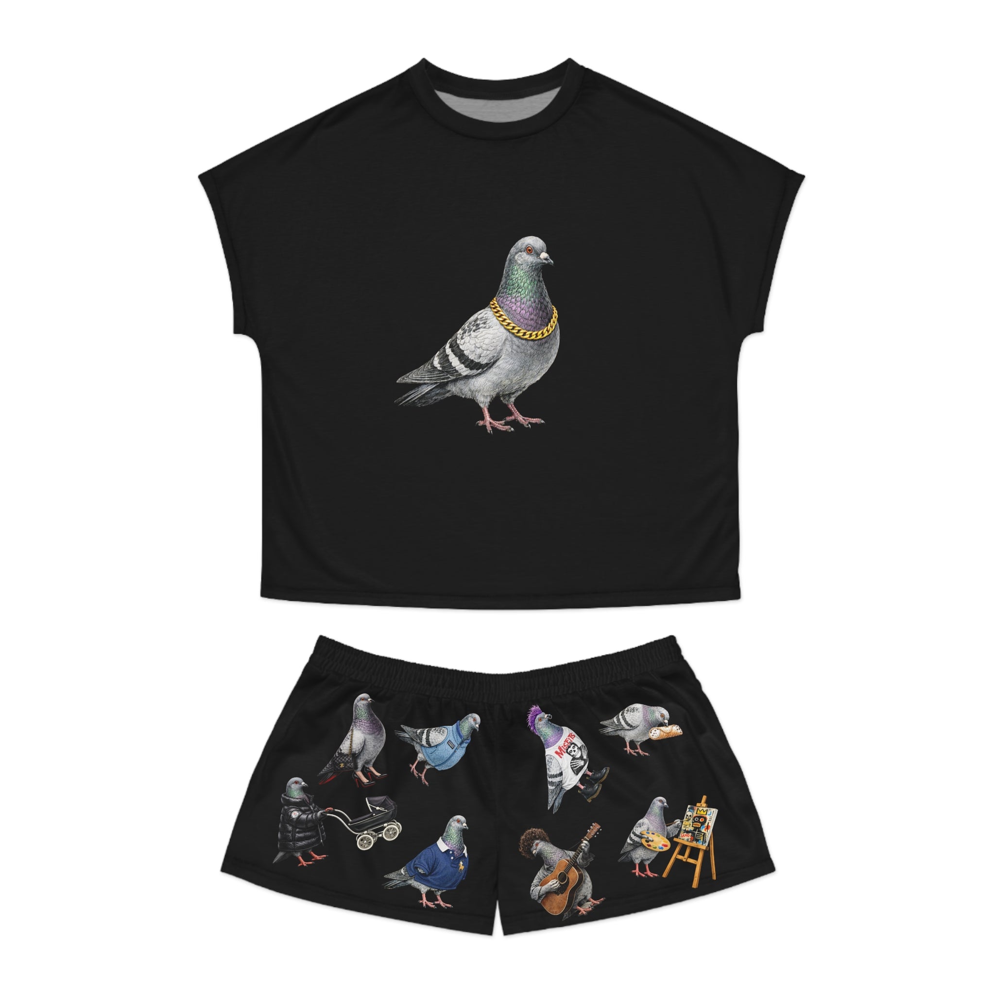 Black NYC Pigeons Pattern Short Pajama Set | New York City Bird Lovers Print PJs Cozy Sleepwear