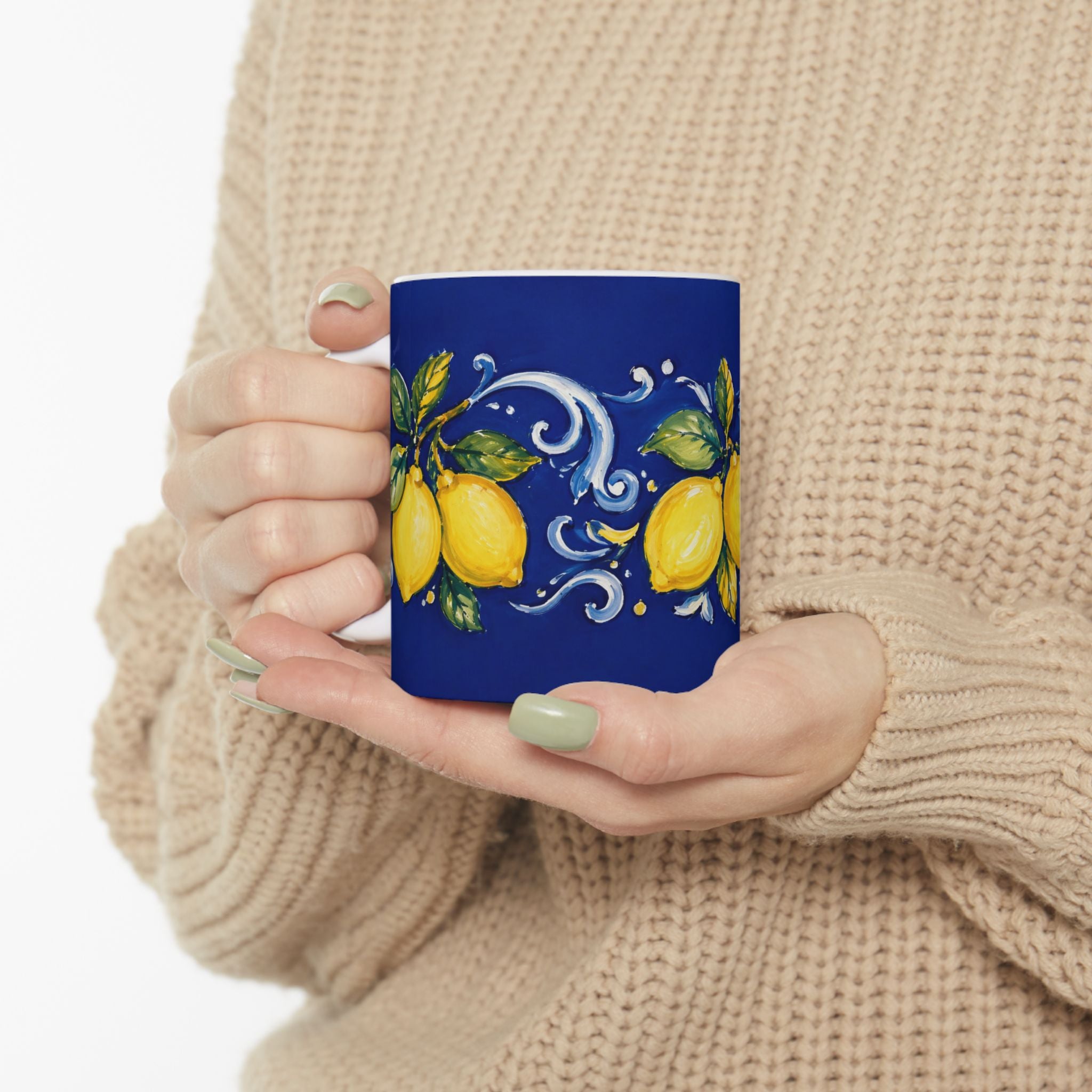 Little Italy Amalfi Blue with Lemon Mug — Italian Mediterranean Pattern Coffee Cup (11oz)