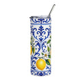 Vaso de acero inoxidable Little Italy Amalfi azul y blanco con limón — Vaso de viaje aislado de 20 oz con patrón de cítricos