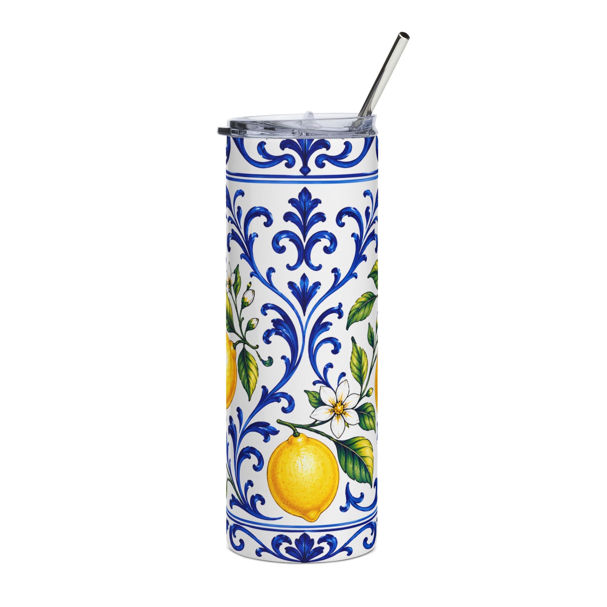 Little Italy Amalfi Blue and White with Lemon Stainless Steel Tumbler — 20oz Insulated Citrus Pattern Travel Cup
