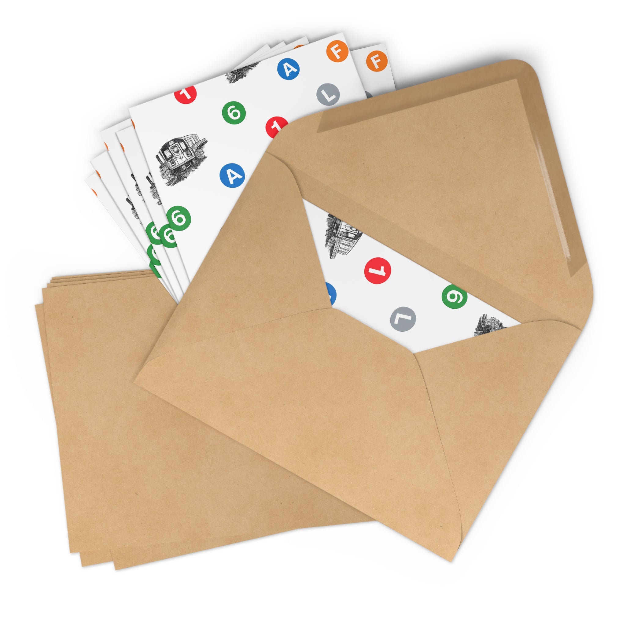 Tarjeta de felicitación con iconos de tránsito de tren del metro de Nueva York | Paquete de 7 tarjetas de notas en blanco con patrón del metro de NYC