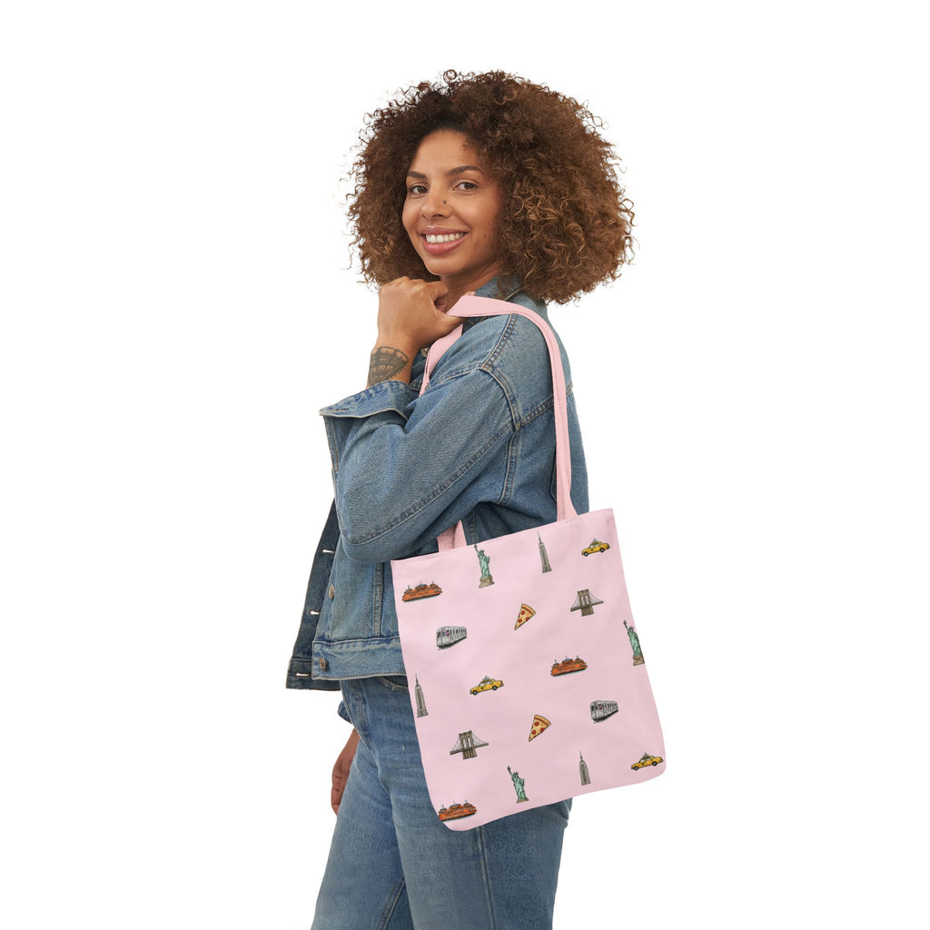 Icons of New York City Pink Canvas Tote — Statue of Liberty, Pizza & Taxi Pattern