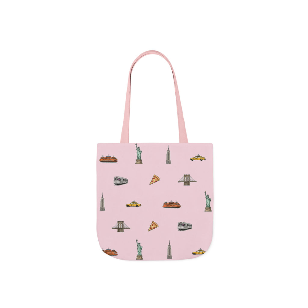Icons of New York City Pink Canvas Tote — Statue of Liberty, Pizza & Taxi Pattern