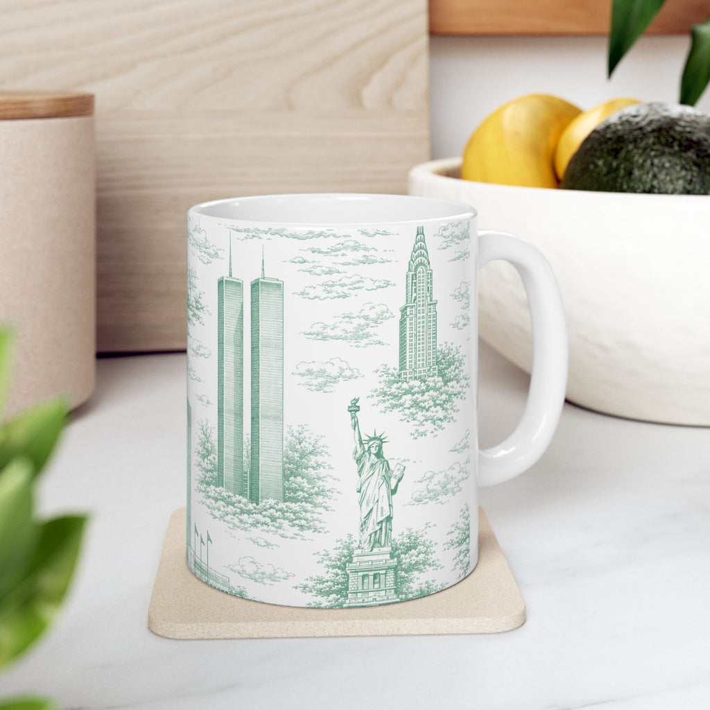 Manhattan Green Toile de Jouy mug | New York City Chinoiserie Ceramic Mug