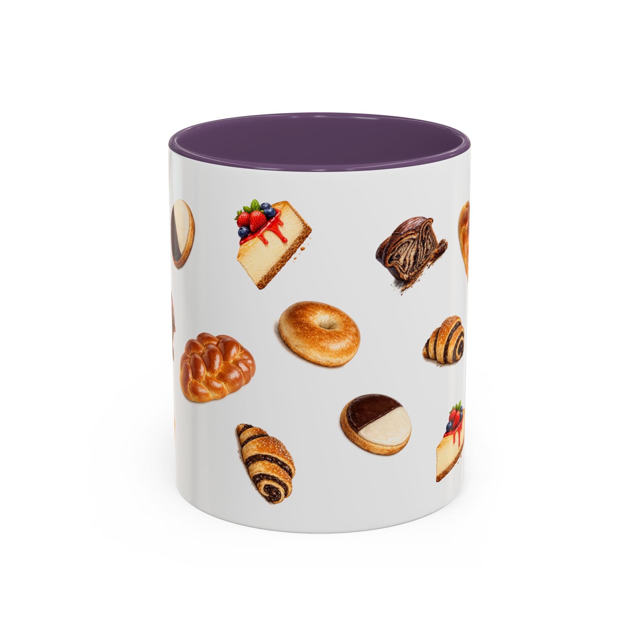 NYC Kosher Bakery Pattern Accent Mug | Babka Cheesecake Rugelach Black + White Cookie Challah Bagel 11oz Ceramic Coffee Cup