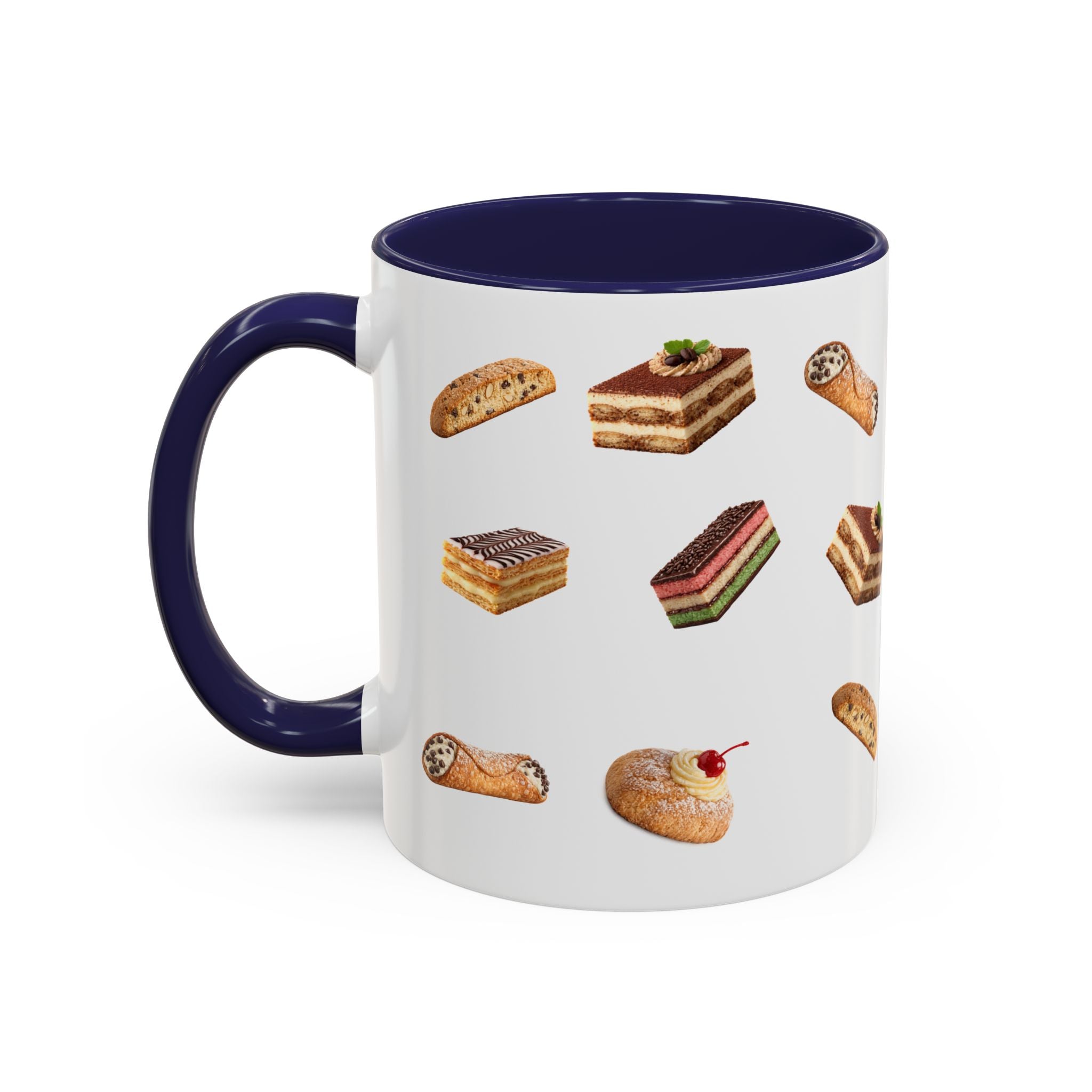 NYC Italian Bakery Pattern Accent Mug | Cannoli Rainbow Cookie Zeppoli Tiramisu Biscotti Napoleon 11oz Ceramic Coffee Cup