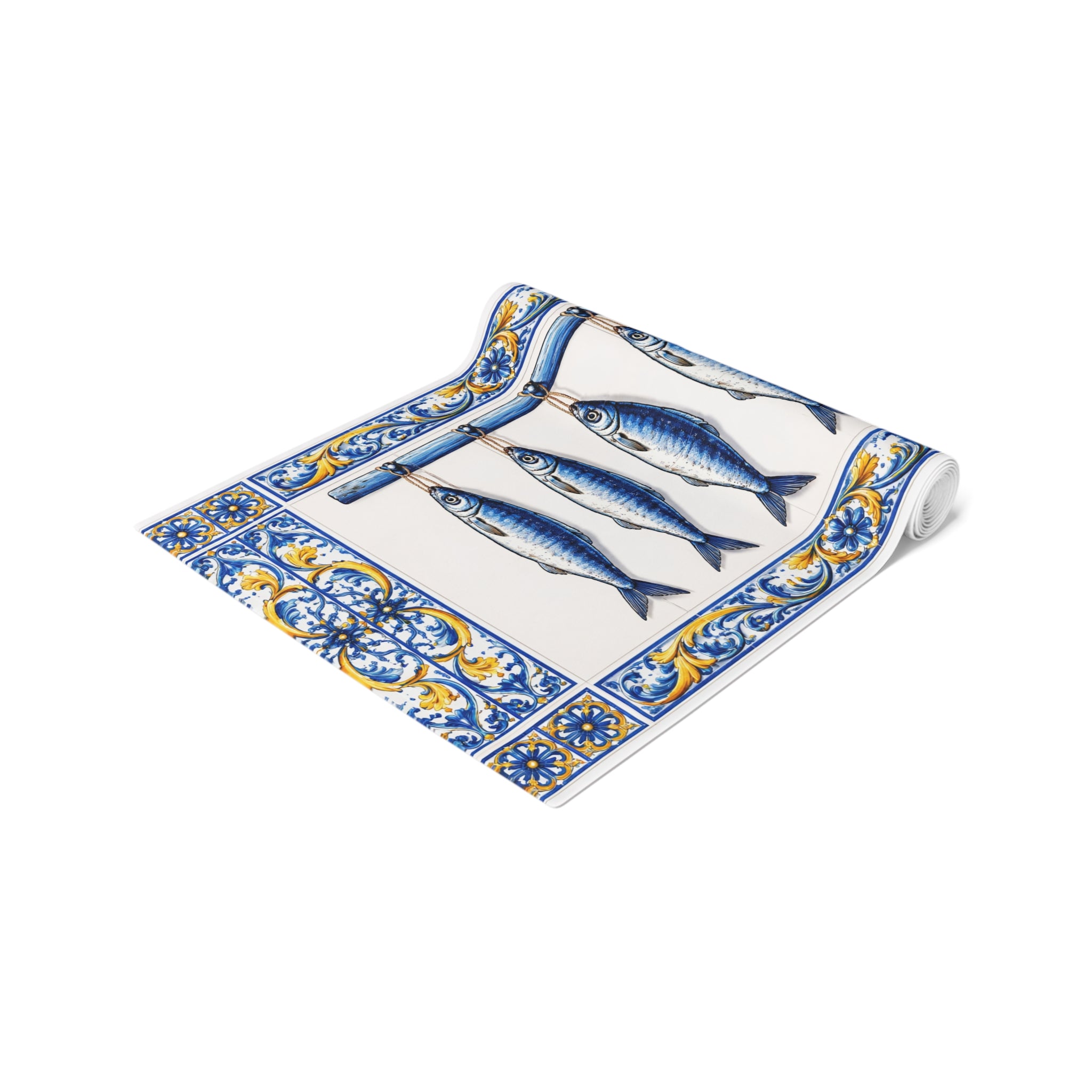 Camino de mesa con azulejos azules y amarillos de peces estilo East Hampton — Decoración de cocina de sardina azul, acento costero para comedor