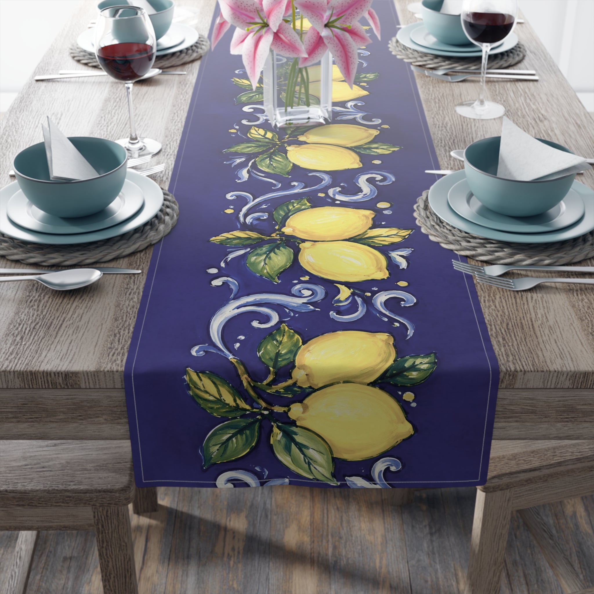Little Italy Amalfi Blue with Lemon Table Runner – Mediterranean Blue & Yellow Dining Decor