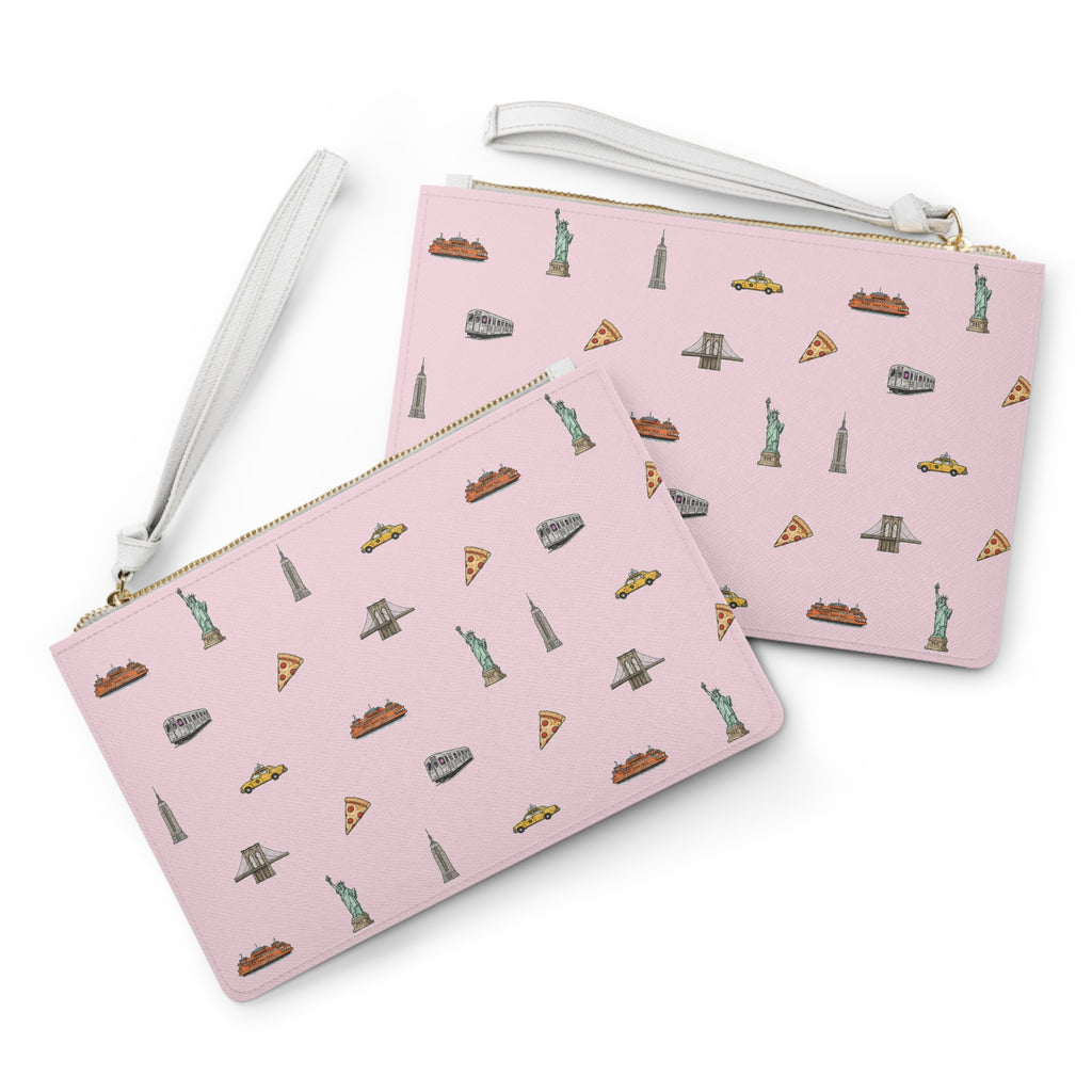 Icons of New York City Pink Clutch — Statue of Liberty, Taxi & Pizza Pattern