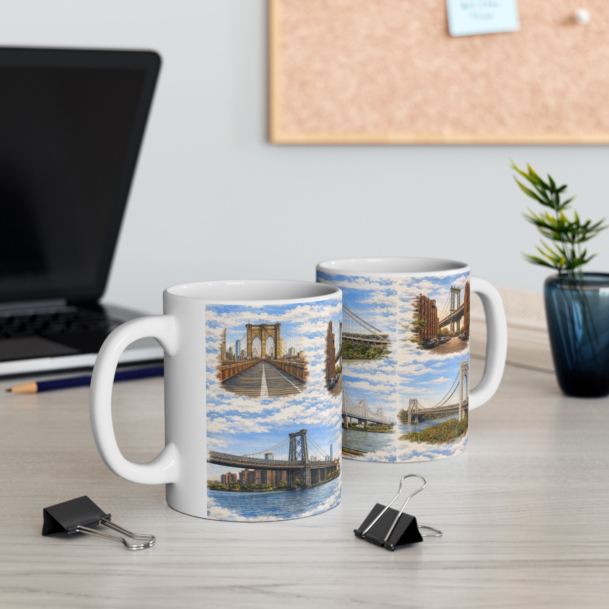 The Bridges of New York County Toile Mug | NYC Bridges Ceramic Coffee Mug