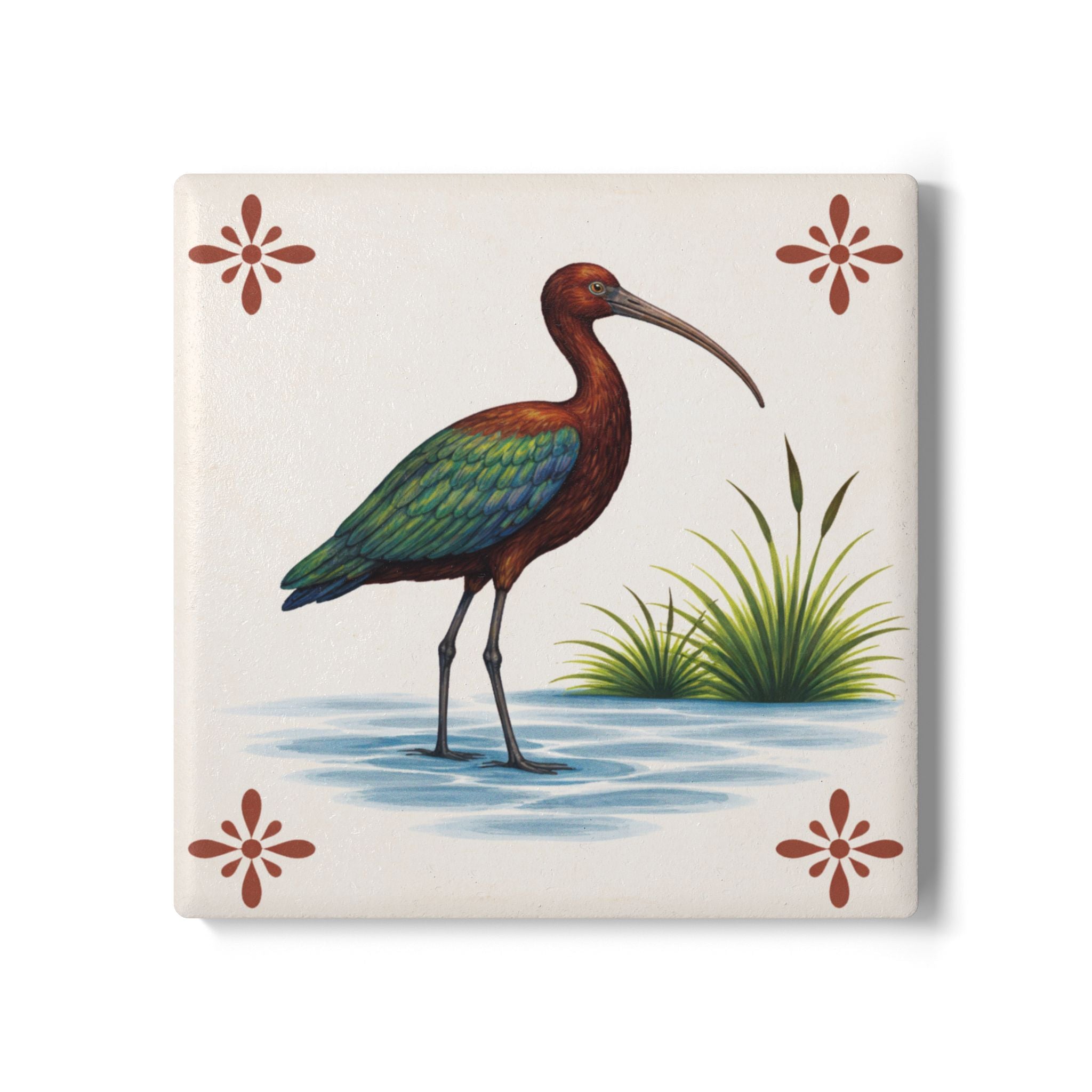 Subway Island Glossy Ibis Ceramic Coaster – Bird Lover Azulejos-style Tile Drink Coaster