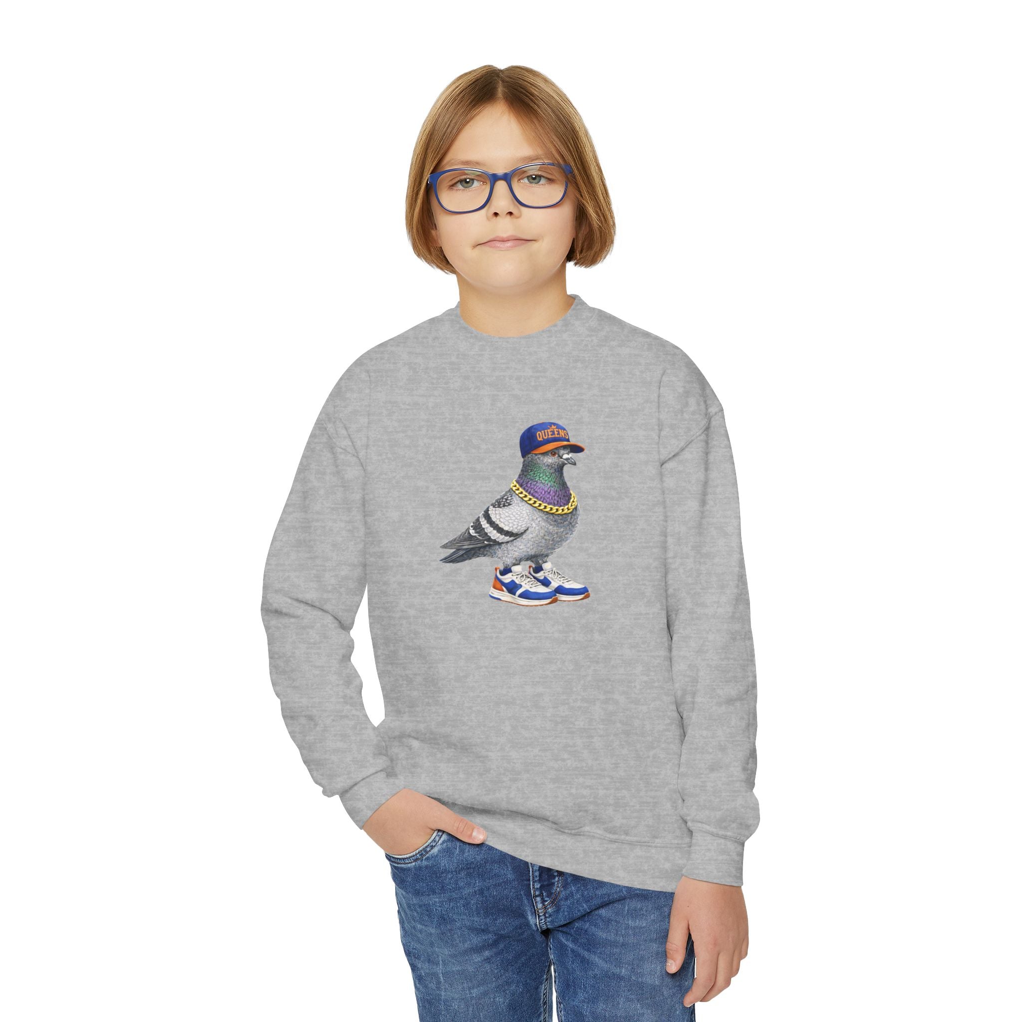 Customizable Queens NYC Pigeon NYC Kids Crewneck Sweatshirt    New York Baseball Fan Bird Lover Childrens Sweater