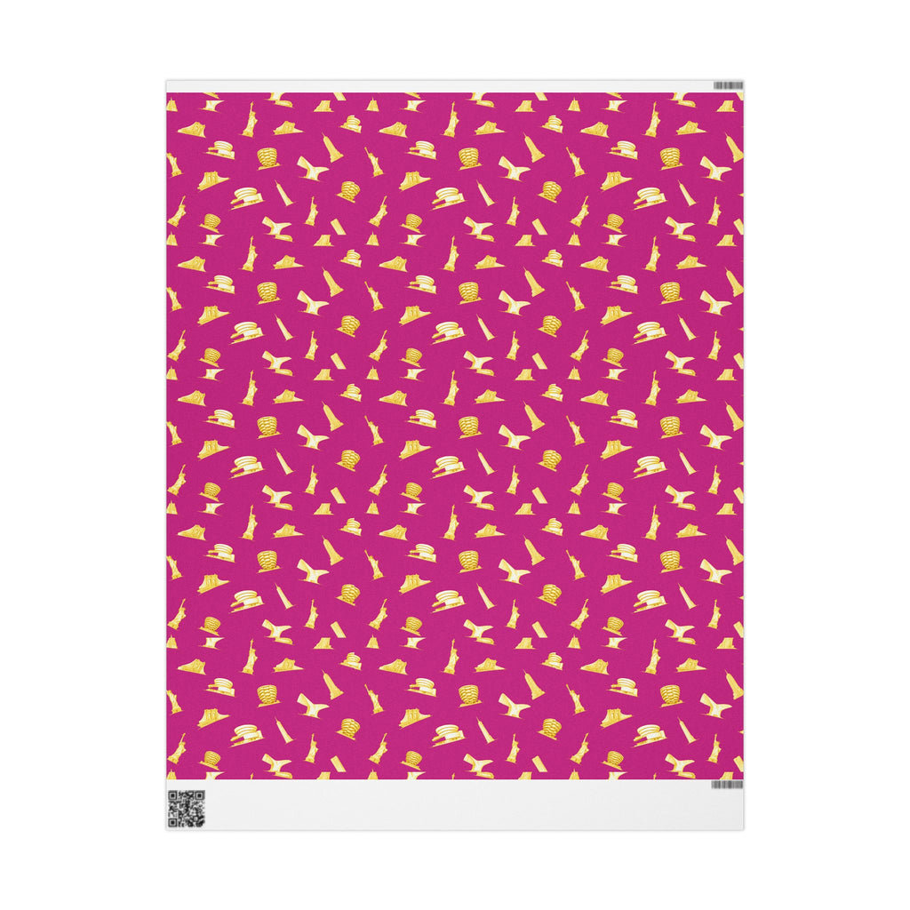 Gold NYC Landmarks on Pink Gift Wrap Paper | New York Statue of Liberty Oculus Vessel Brooklyn Bridge Guggenheim Wrapping Paper Roll