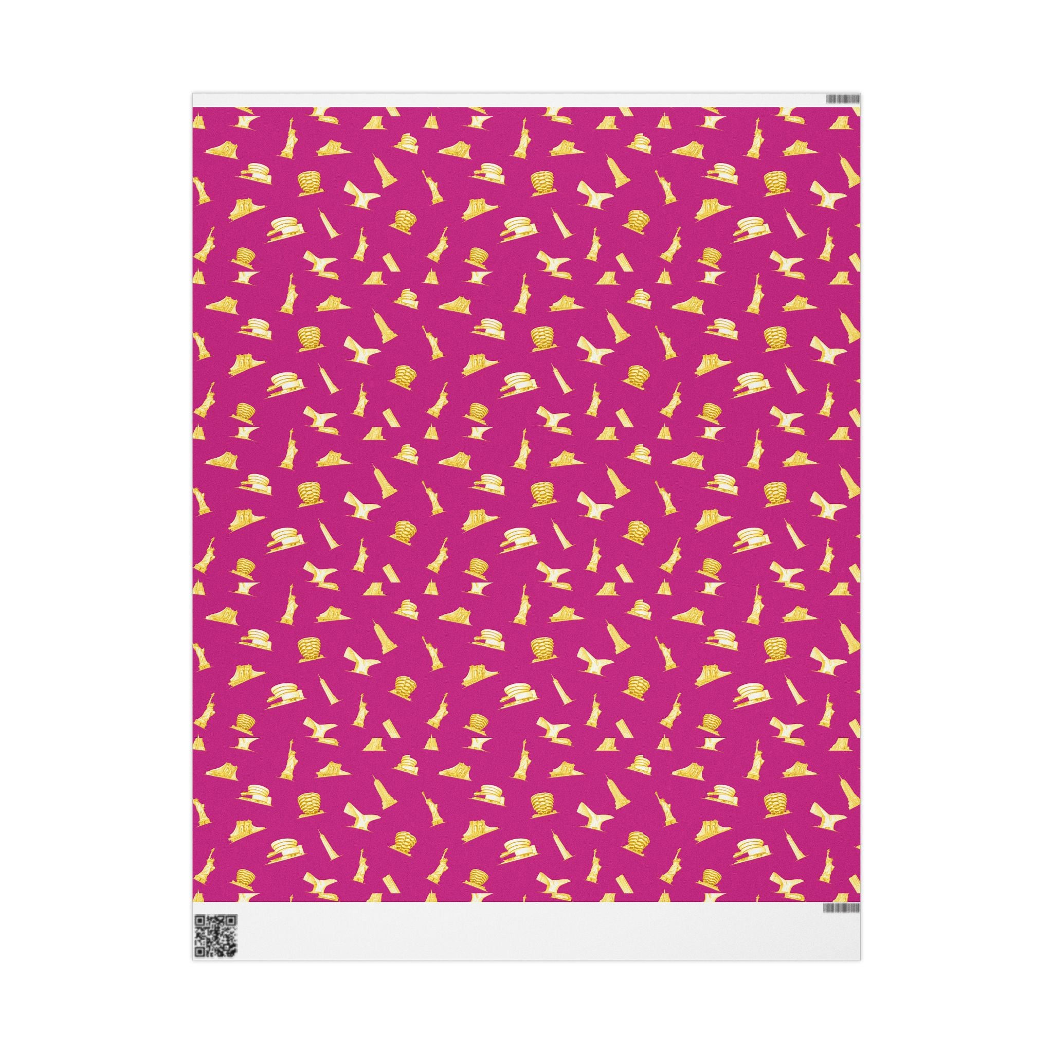 Gold NYC Landmarks on Pink Gift Wrap Paper | New York Statue of Liberty Oculus Vessel Brooklyn Bridge Guggenheim Wrapping Paper Roll