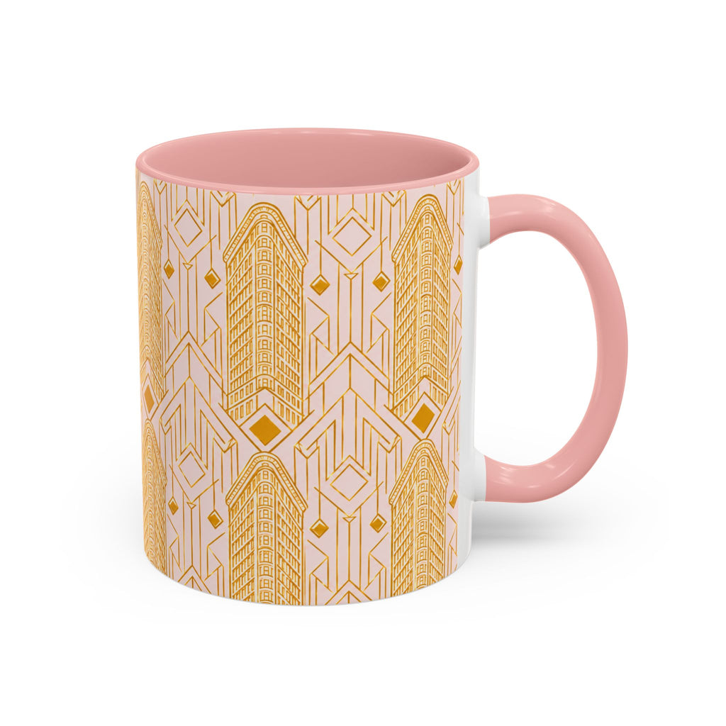 Art Deco Flatiron Building Pink & Gold Accent Coffee Mug — Manhattan Art Deco Pattern Mug 11 oz