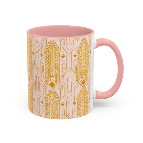 Art Deco Flatiron Building Pink & Gold Accent Coffee Mug — Manhattan Art Deco Pattern Mug 11 oz