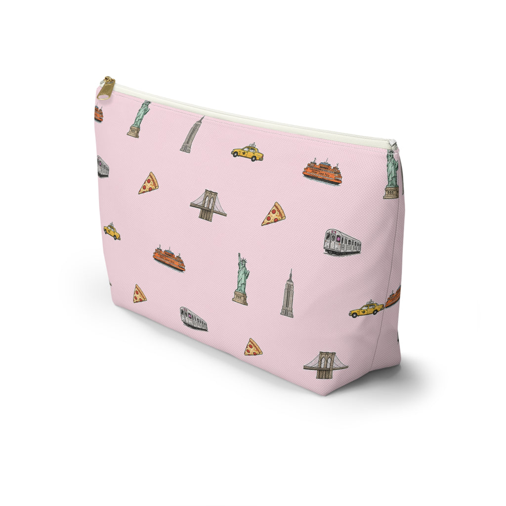 Icons of New York City  Large Pink Accessory Pouch — T-Bottom Makeup Bag with Statue of Liberty, Taxi & Pizza Pattern