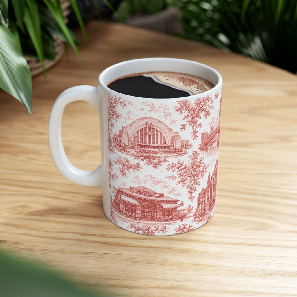 Cincinnati Red Toile de Jouy Ceramic Mug — Coffee Mug 11oz