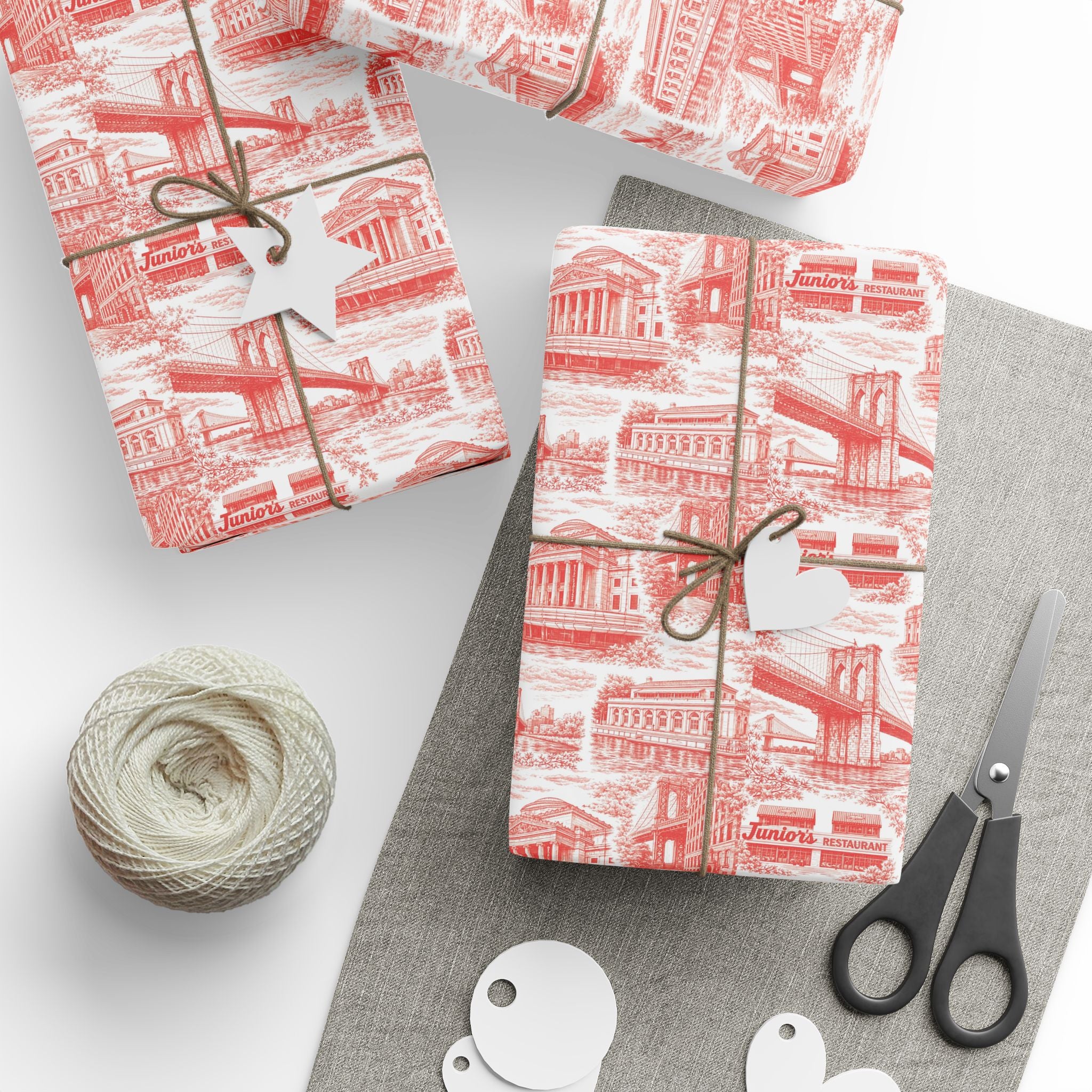 Brooklyn NYC Red Toile Gift Wrapping Papers   Chinoiserie New York City Gift Wrap Brooklyn Bridge Prospect Park Junior's DUMBO Museum