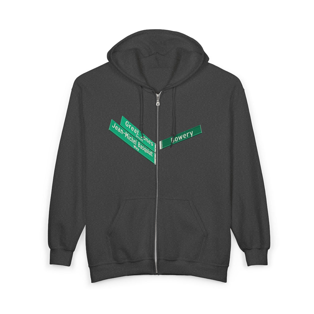 Lower East Side Street Sign Zip Up Hoodie   NYC East Village Basquiat Bowery  Hooded Sweatshirt