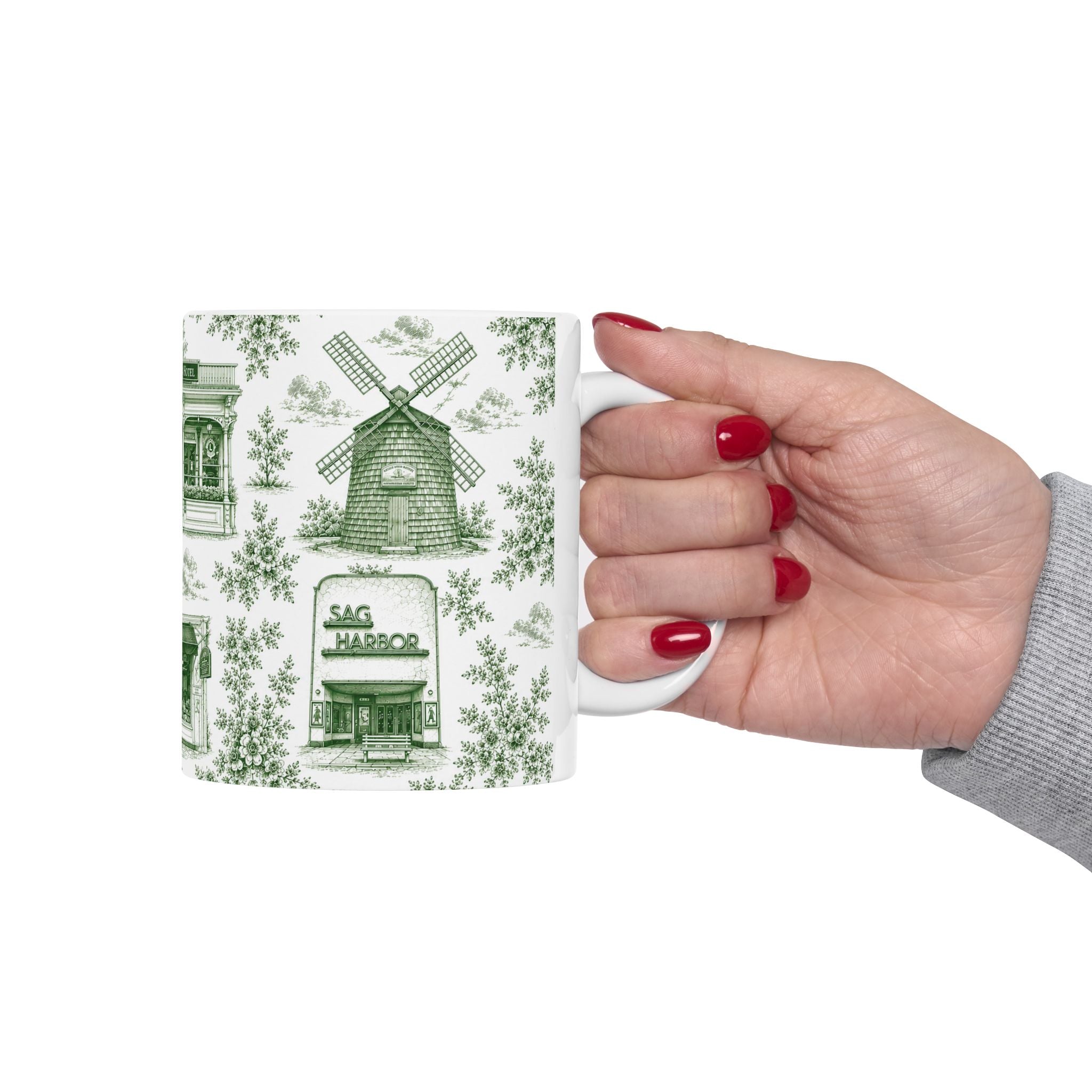 Sag Harbor Green Toile de Jouy Mug | Hamptons Chinoiserie Ceramic Coffee Cup
