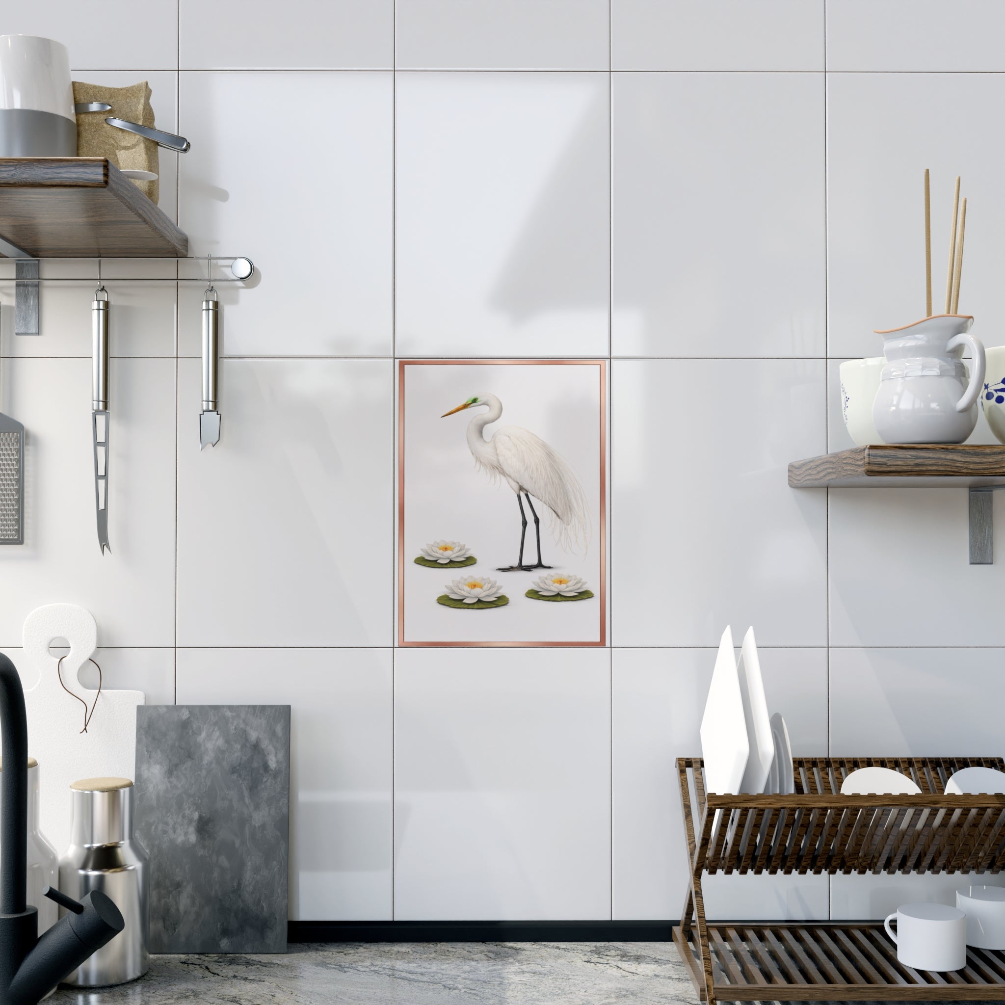 Jamaica Bay Great Egret Ceramic Shower Tile - Coastal Ceramic Bath Tile