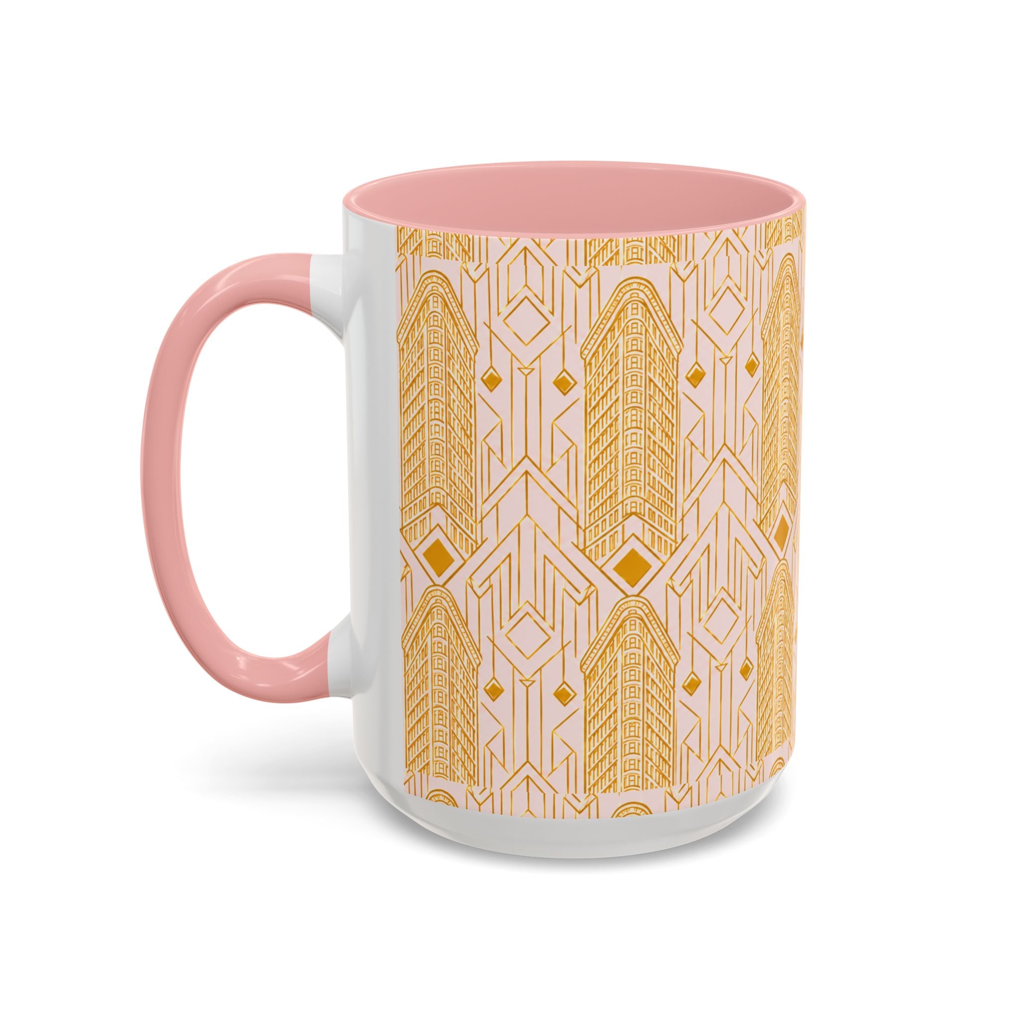 Art Deco Flatiron Building Pink & Gold Accent Coffee Mug — Manhattan Art Deco Pattern Mug 11 oz