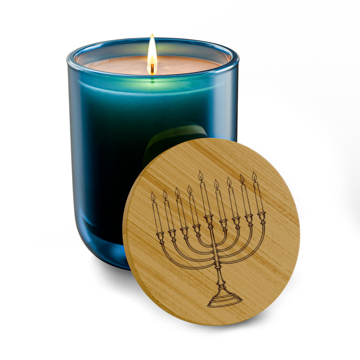 Hanukkah Menorah Engraved Soy Candle — 14oz Scented Chanukkah Jar with Bamboo Lid