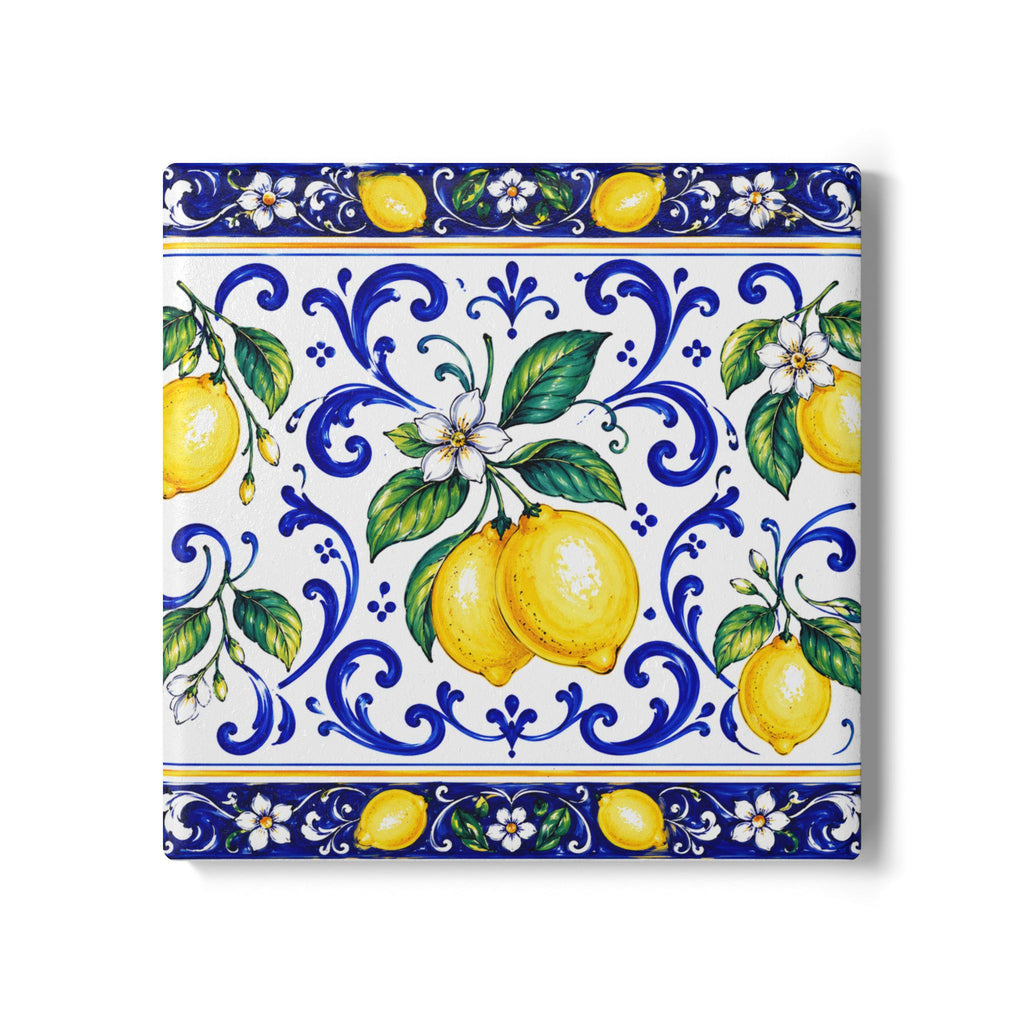 Little Italy Amalfi Blue and White with Lemon Ceramic Coaster — Mediterranean Lemon Pattern Drink Coaster