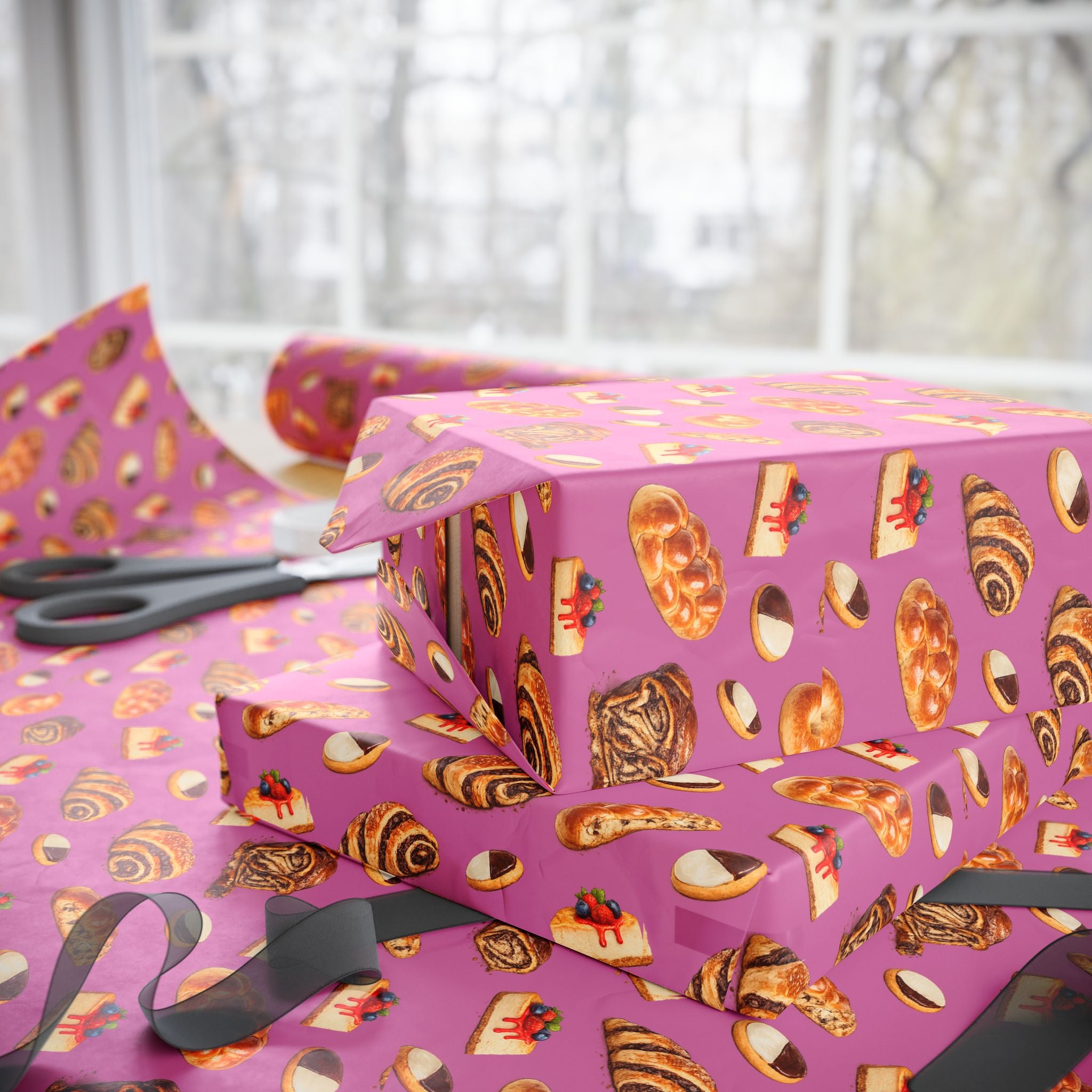 Kosher Bakery Pastries Pattern Pink Gift Wrap Paper | Bagels Challah Cheesecake Roll Gift Wrapping Paper