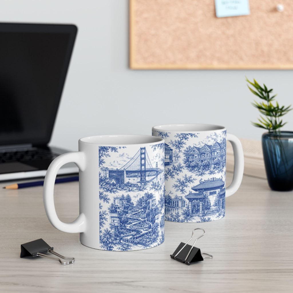 San Francisco Blue Toile de Jouy Ceramic Mug — Vintage Cable Car & Palace of Fine Arts Design (11oz)