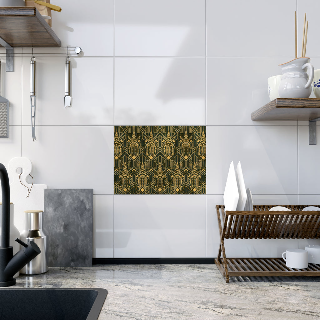 Chrysler Building Art Deco Ceramic Kitchen Backsplash Tile  – NYC Green & Gold Geometric 6" x 8" Shower Tile