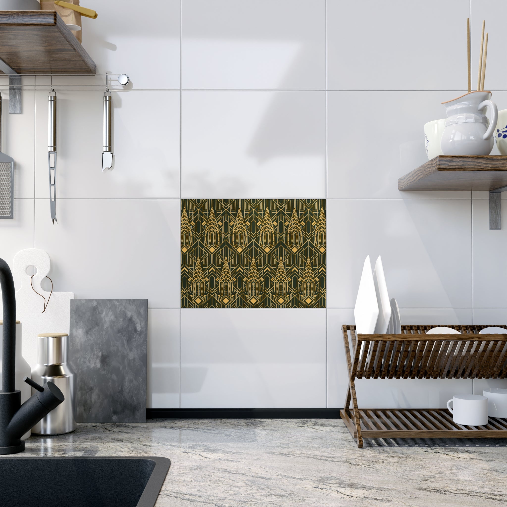 Chrysler Building Art Deco Ceramic Kitchen Backsplash Tile  – NYC Green & Gold Geometric 6" x 8" Shower Tile
