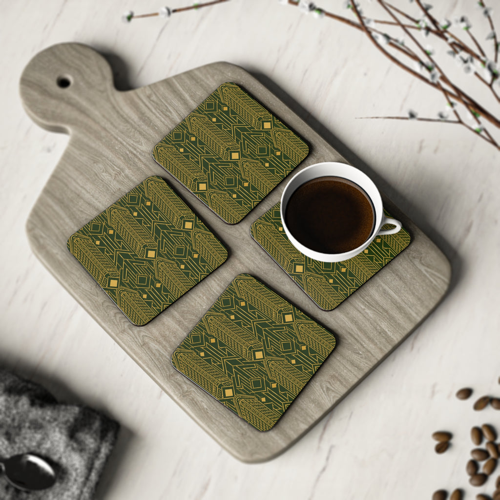 Art Deco Flatiron Building Gold & Green Cork Coaster Set — Geometric Cocktail Coasters Set of 4