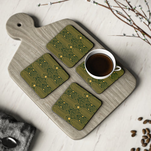 Art Deco Flatiron Building Gold & Green Cork Coaster Set — Geometric Cocktail Coasters Set of 4