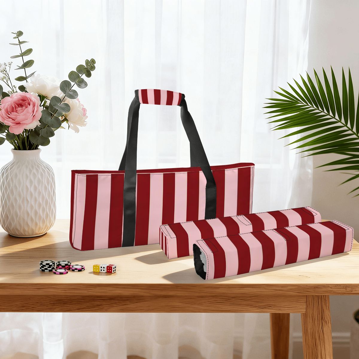 Blush and Red Stripes Mahjong Bag Set 3 Pcs