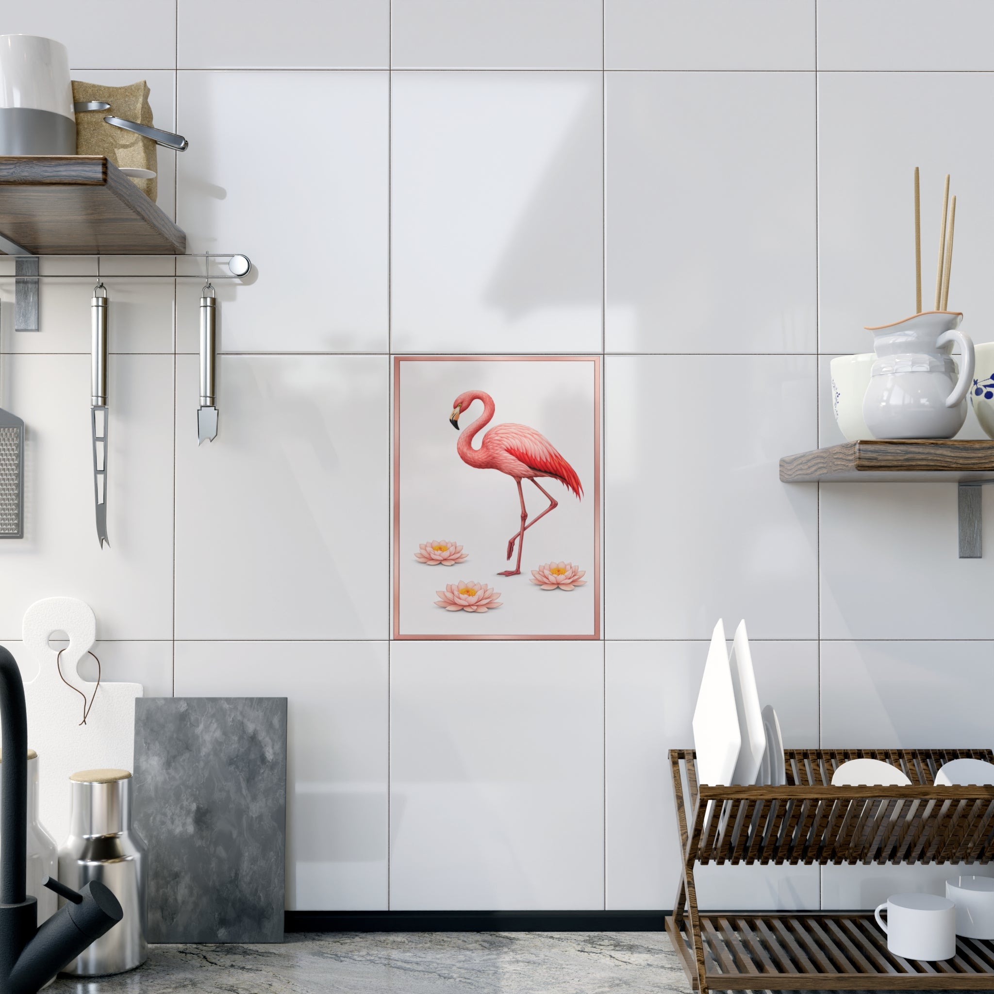 Bronx Zoo Pink Flamingo Ceramic Shower Tile - Coastal Ceramic Bath Tile 6" x 8"