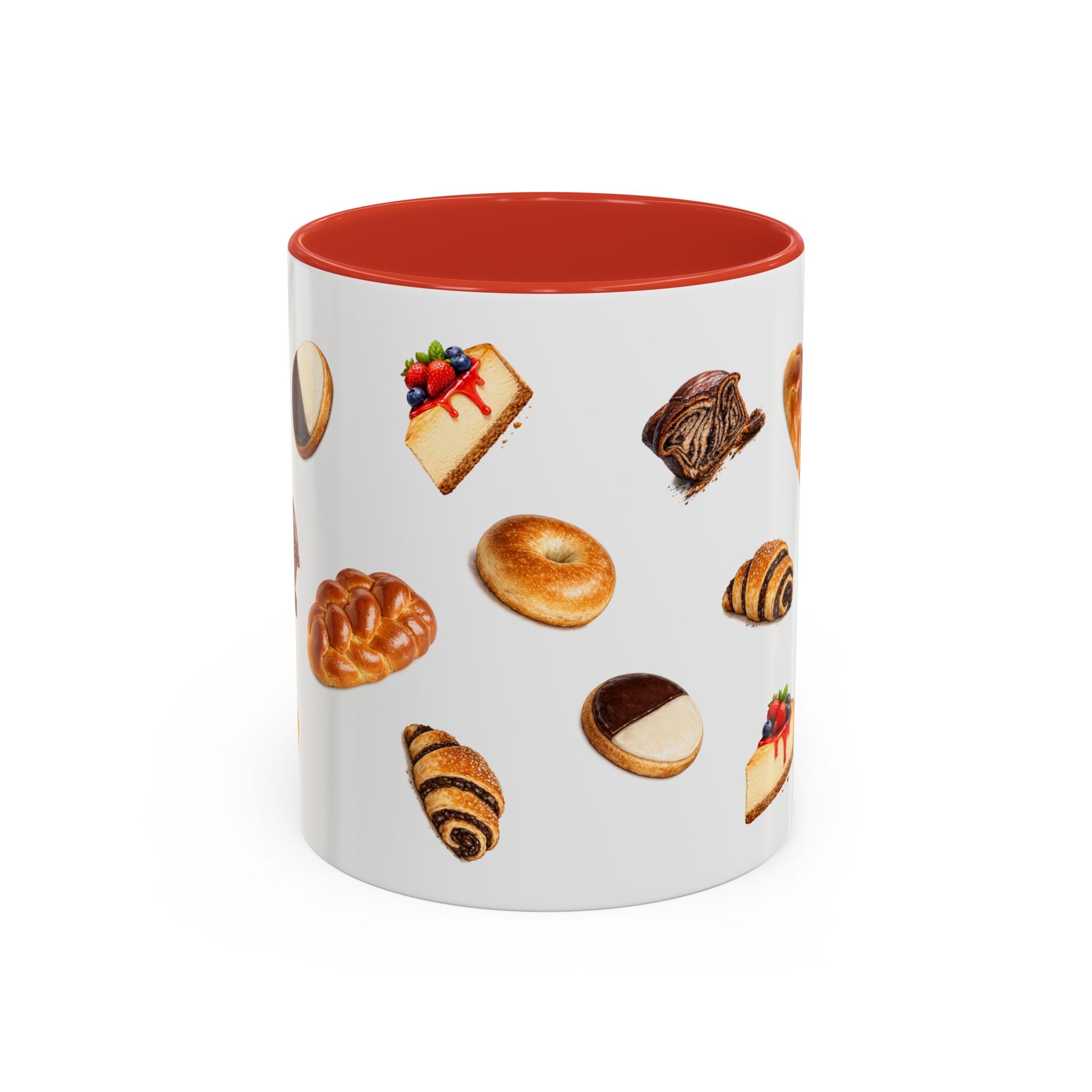 NYC Kosher Bakery Pattern Accent Mug | Babka Cheesecake Rugelach Black + White Cookie Challah Bagel 11oz Ceramic Coffee Cup