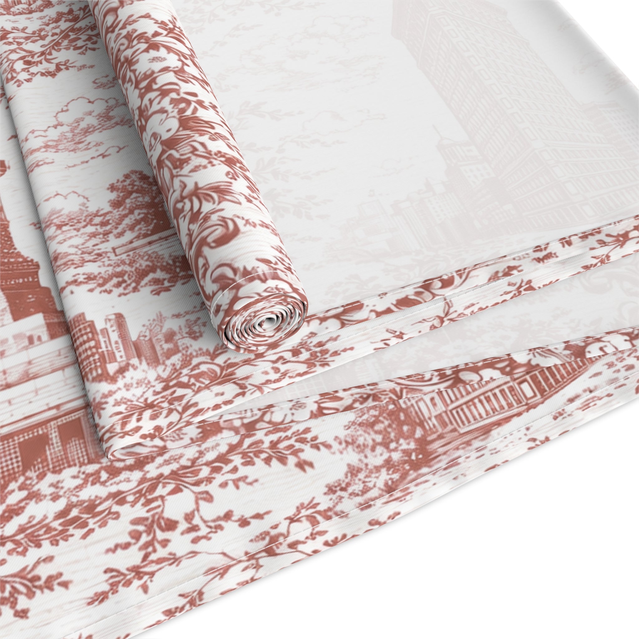 Chemin de table Red Toile de Jouy New York City Cityscape — Décor de table Paysage urbain de New York Chinoiserie