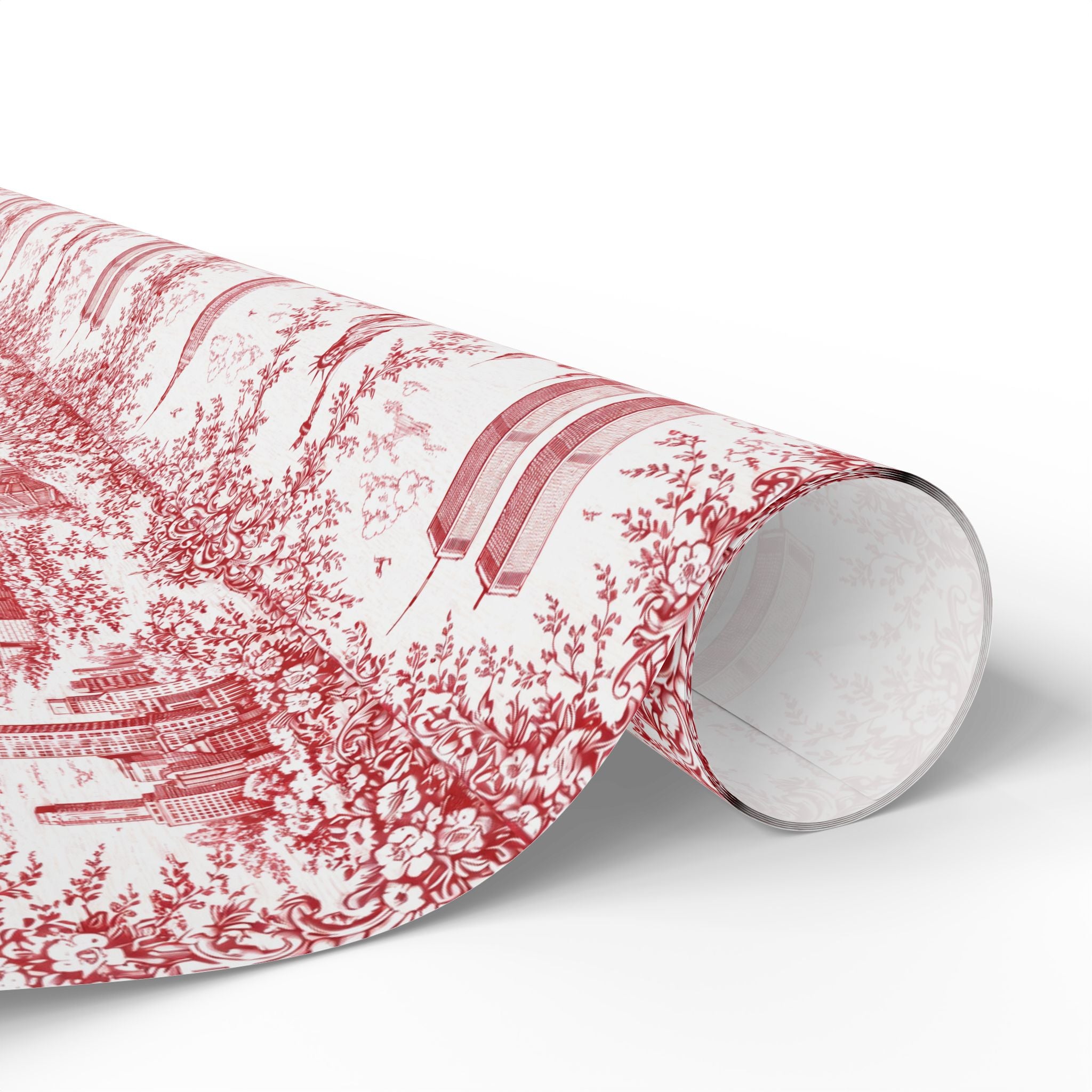 Manhattan NYC Red Toile Gift Wrapping Papers   Chinoiserie New York City Gift Wrap Empire State Building Twin Towers Statue of Liberty