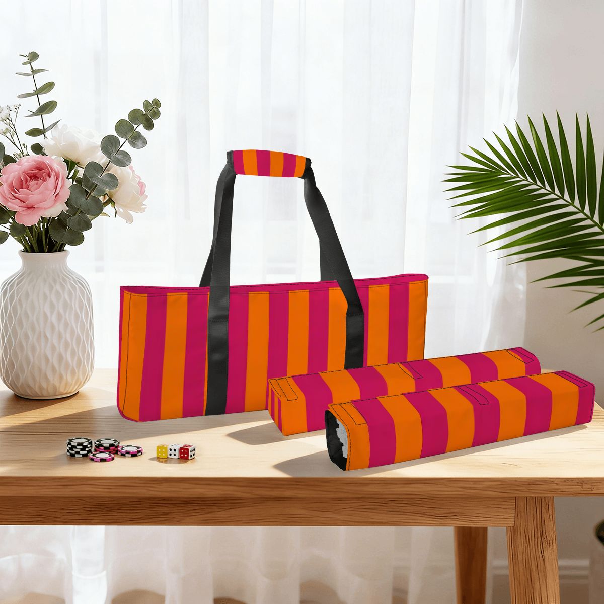 Bright Orange and Pink Stripes Mahjong Bag Set 3 Pcs