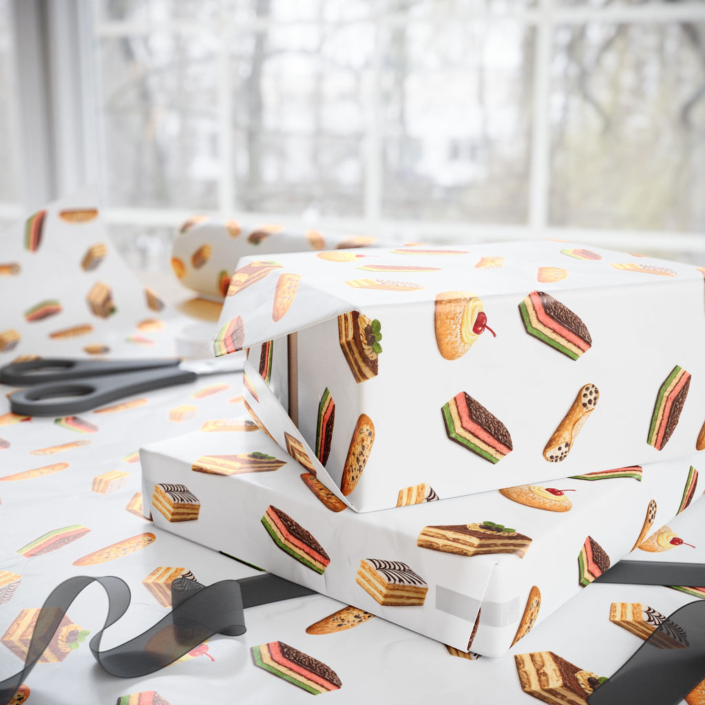 Italian Bakery Pastry Pattern Gift Wrap Paper | White Bakery Pastries Biscotti Tiramisu Rainbow Cookies Wrapping Paper Roll