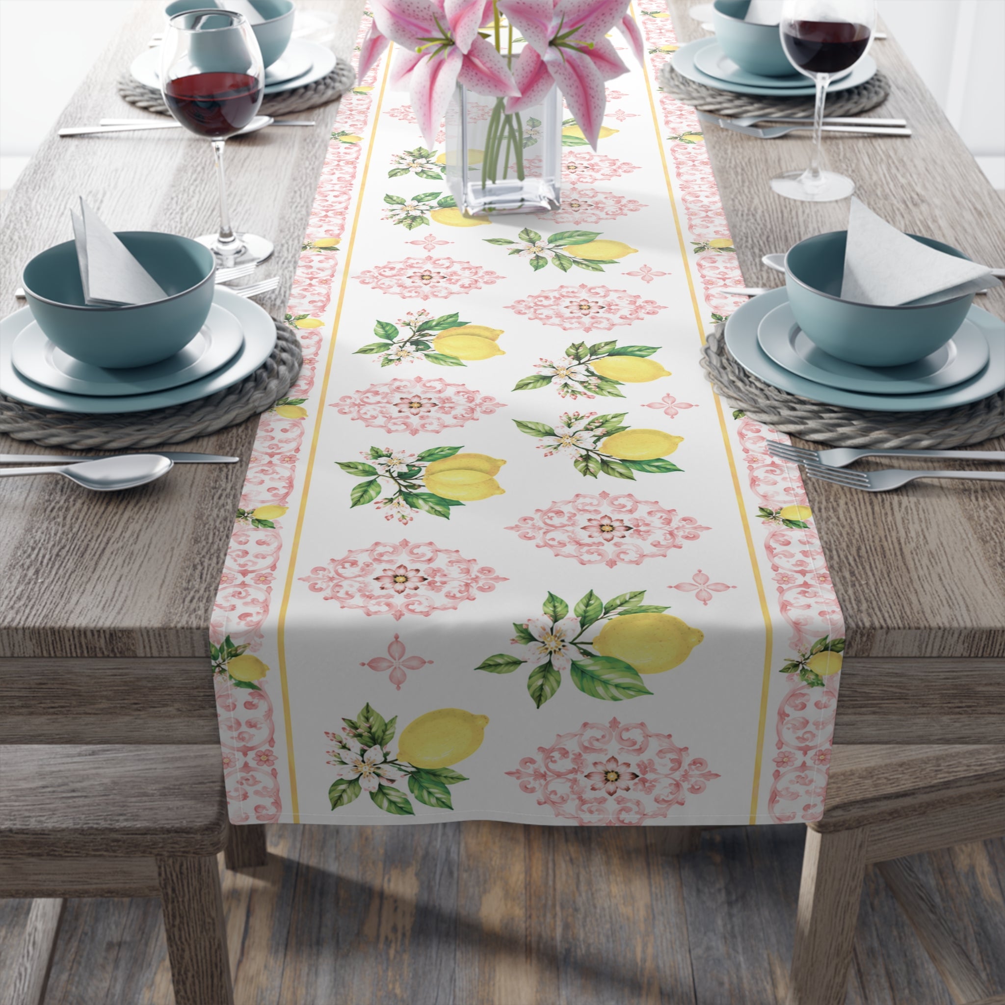 Little Italy Amalfi Pink with Lemon 2 Table Runner – Mediterranean Dining Decor