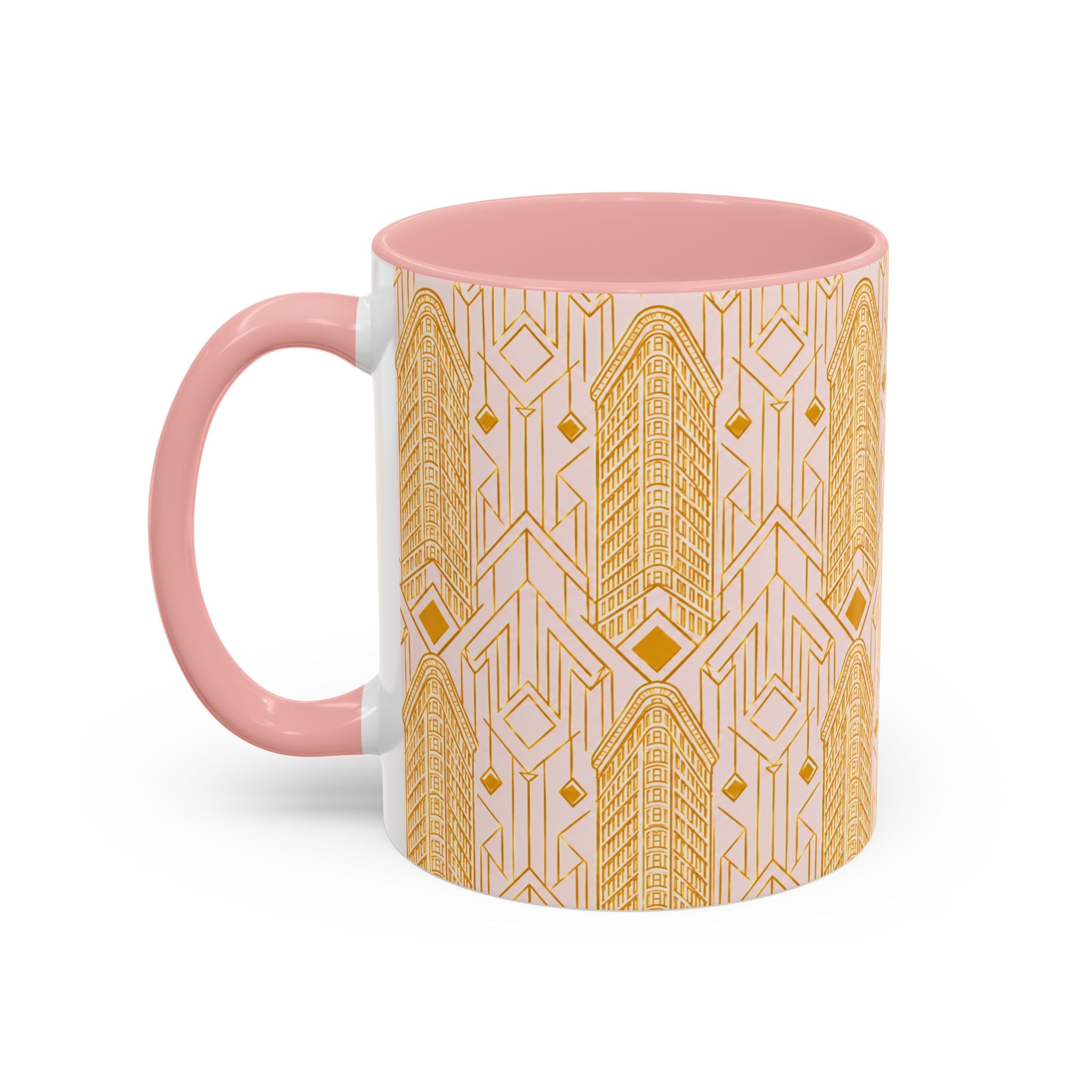 Art Deco Flatiron Building Pink & Gold Accent Coffee Mug — Manhattan Art Deco Pattern Mug 11 oz