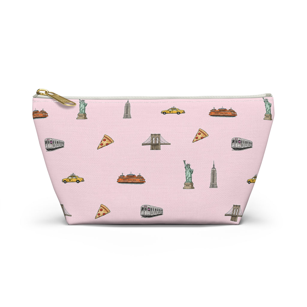 Icons of New York City Pink  Accessory Pouch — T-Bottom Makeup Bag with Statue of Liberty, Taxi & Pizza Pattern