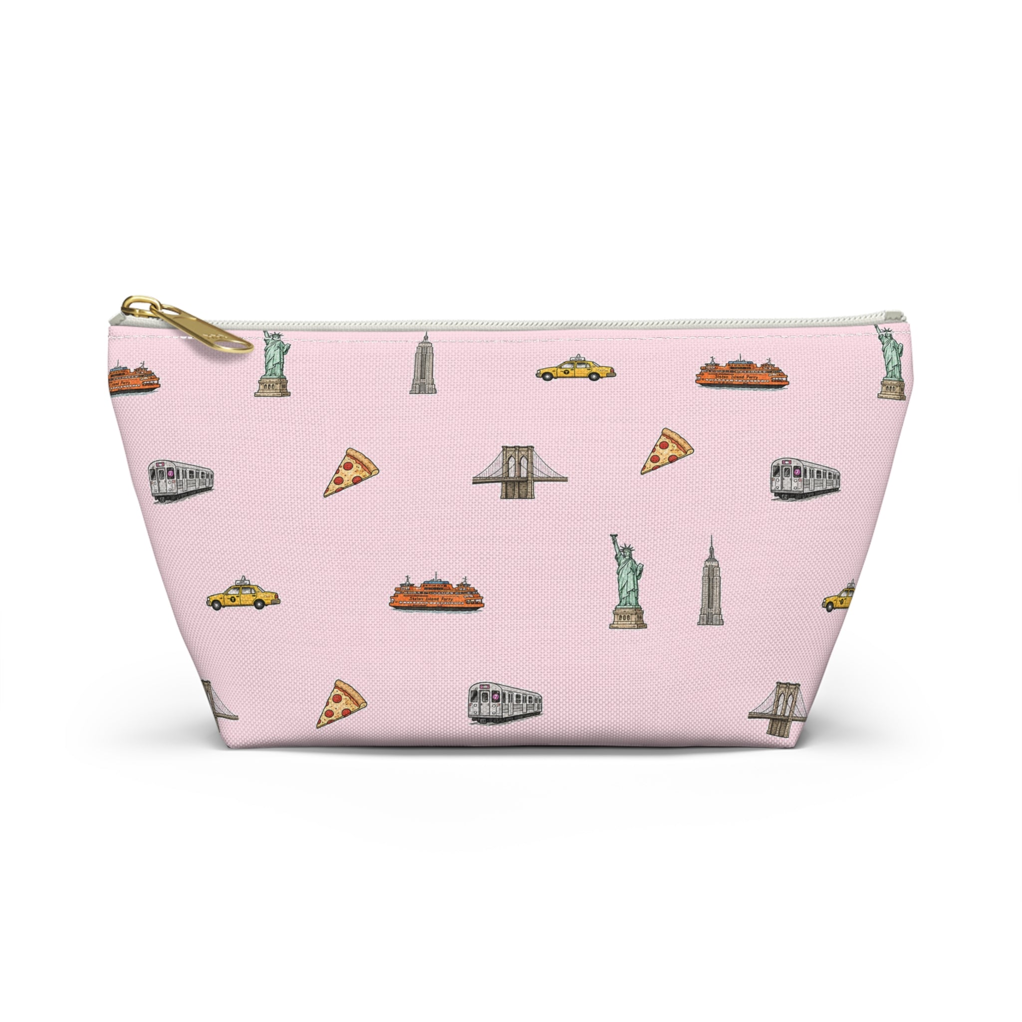 Icons of New York City Pink  Accessory Pouch — T-Bottom Makeup Bag with Statue of Liberty, Taxi & Pizza Pattern