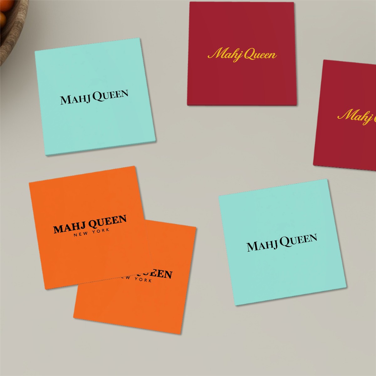 Mahj Queen 6 piece Square Coaster Set -- Orange, Robin's Egg Blue, Maroon Coasters