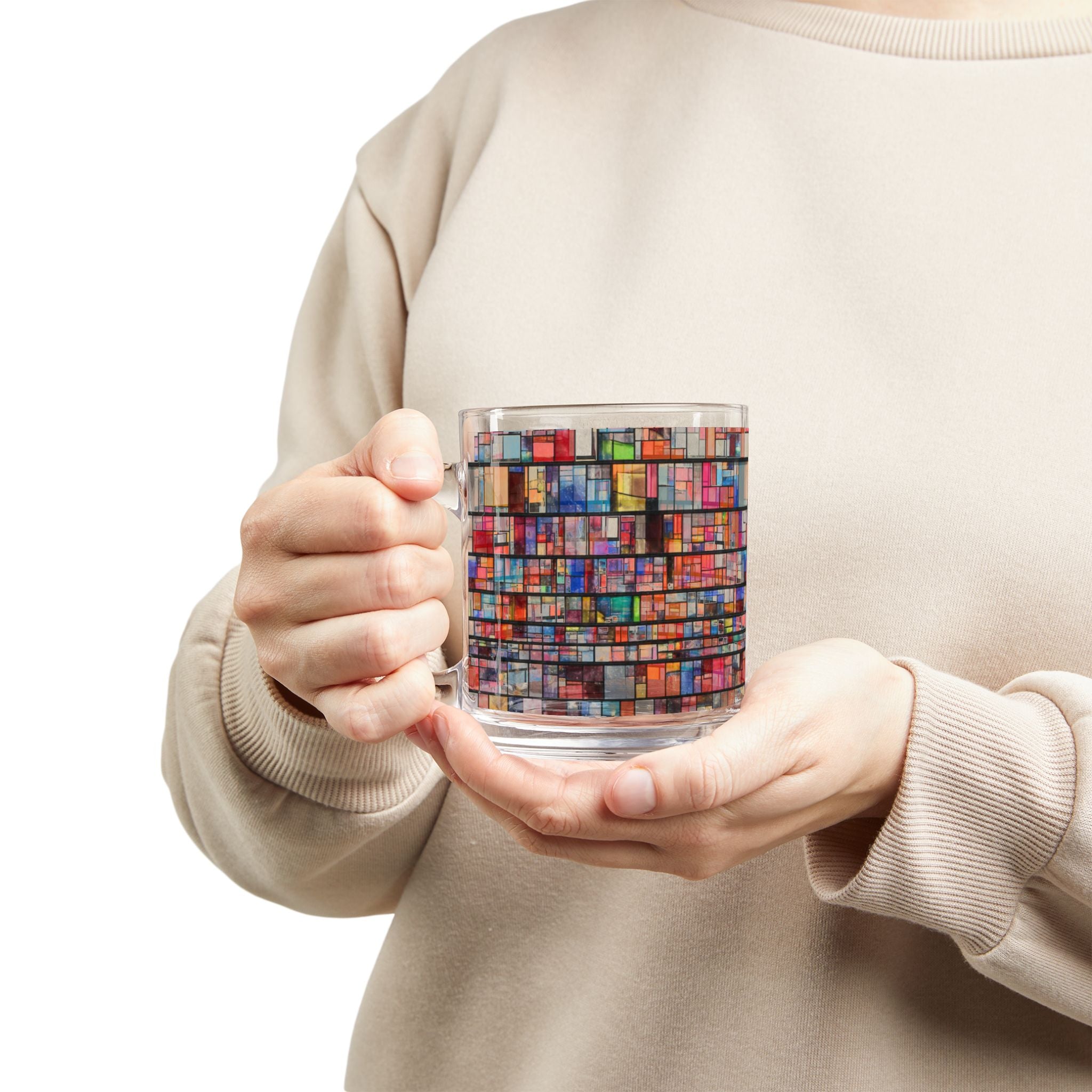 DUMBO Brooklyn Water Tower Stained Glass Mosaic Mug | Colorful Geometric Pattern Glass Mug, 10oz