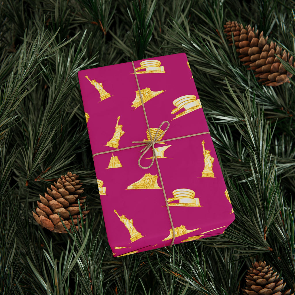 Gold NYC Landmarks on Pink Gift Wrap Paper | New York Statue of Liberty Oculus Vessel Brooklyn Bridge Guggenheim Wrapping Paper Roll