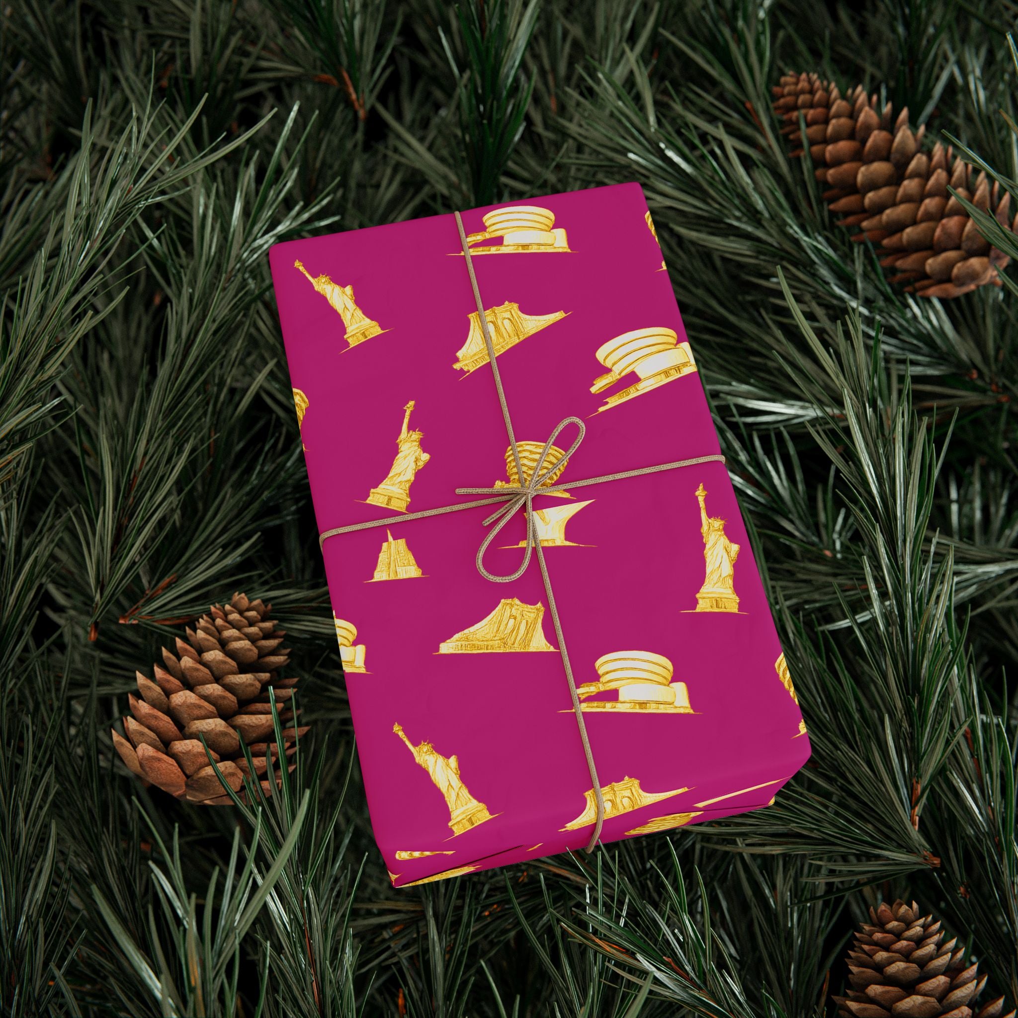 Gold NYC Landmarks on Pink Gift Wrap Paper | New York Statue of Liberty Oculus Vessel Brooklyn Bridge Guggenheim Wrapping Paper Roll